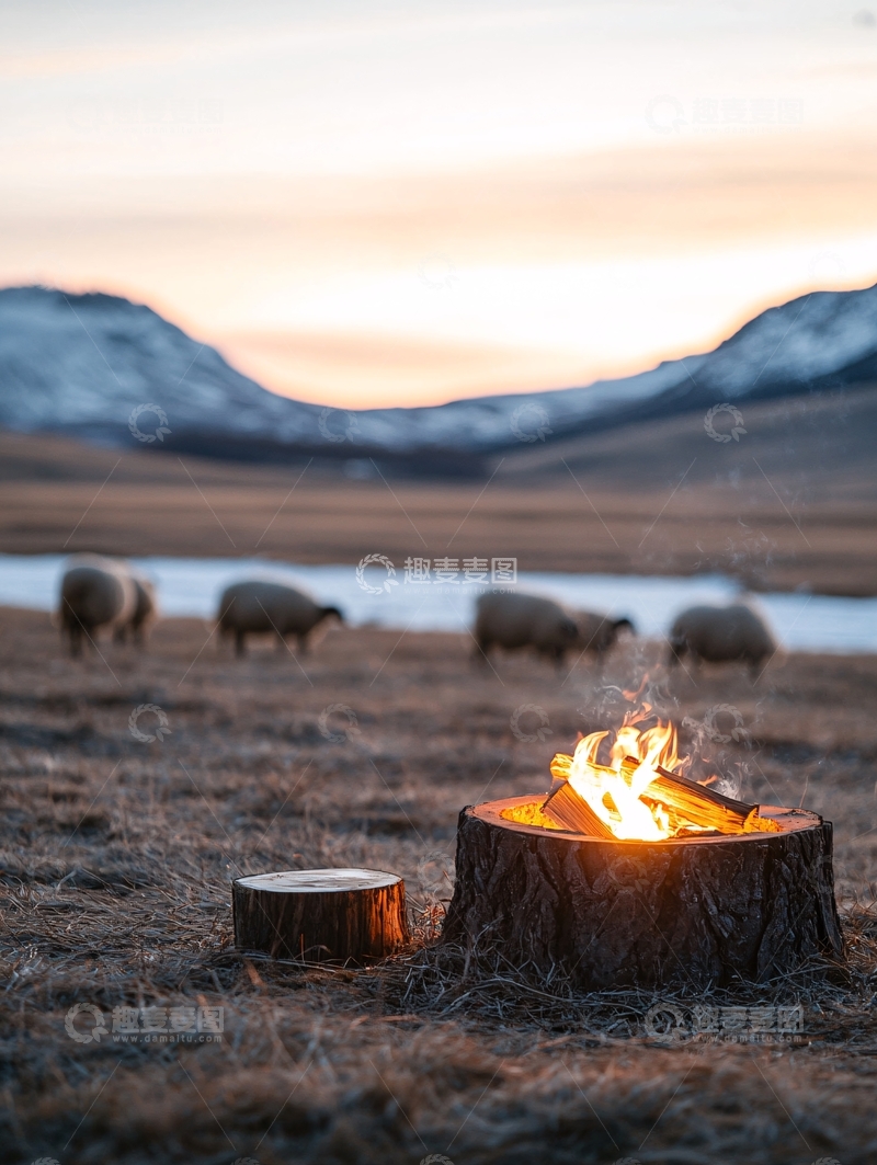 高清大图下载【趣麦麦图】篝火和羊群的宁静田园