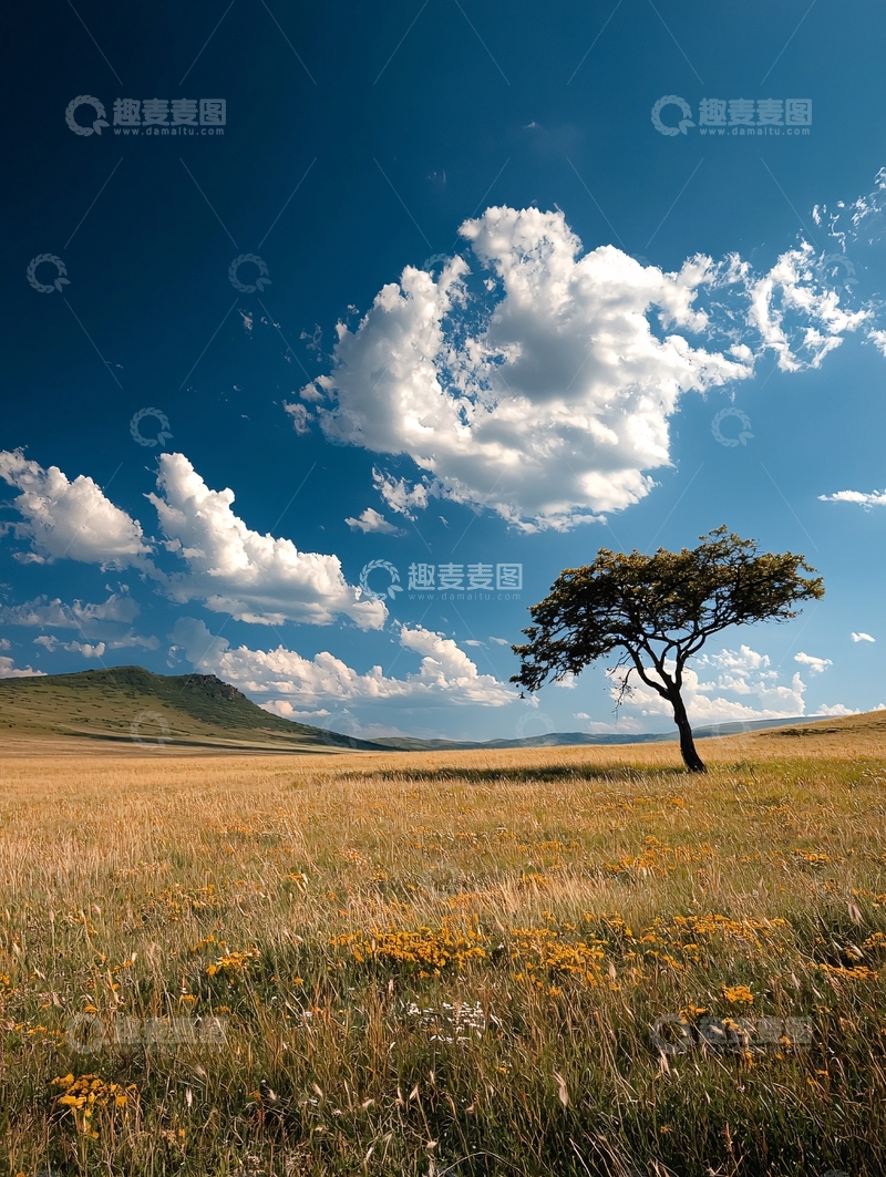 高清大图下载【趣麦麦图】草原孤树蓝天白云