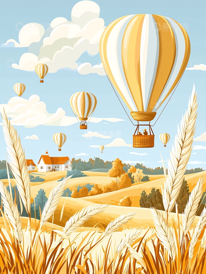 高清大图下载【趣麦麦图】热气球飞过田野