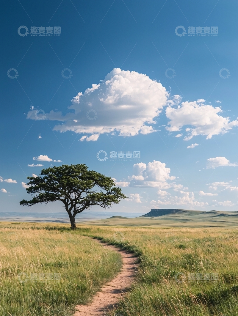高清大图下载【趣麦麦图】草原上的孤独树与小径