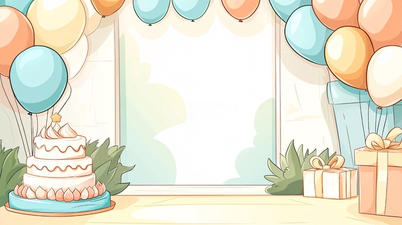高清大图下载【趣麦麦图】生日派对背景带气球和蛋糕