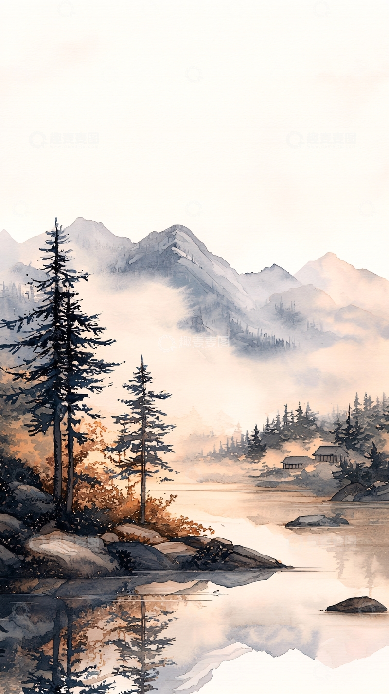 高清大图下载【趣麦麦图】秋日山间湖畔宁静图