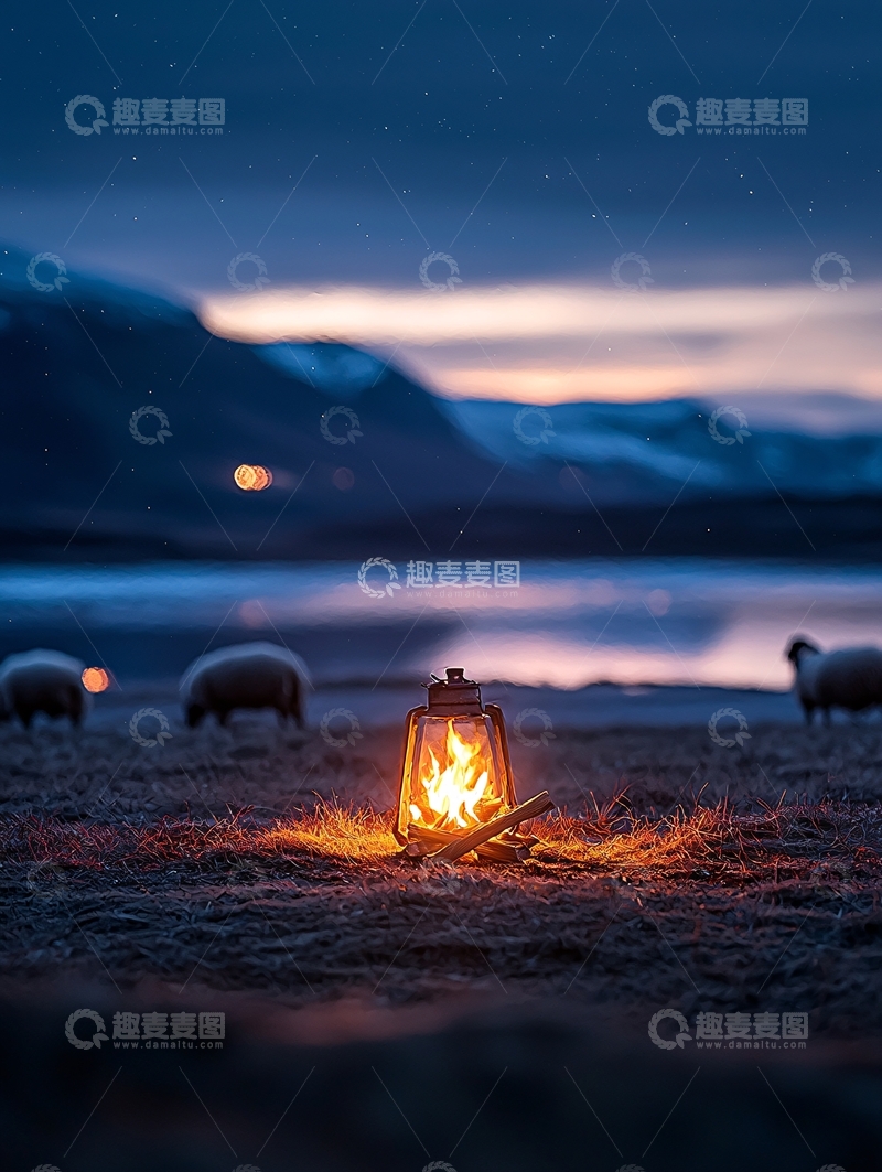 高清大图下载【趣麦麦图】夜晚湖边草地上的灯光