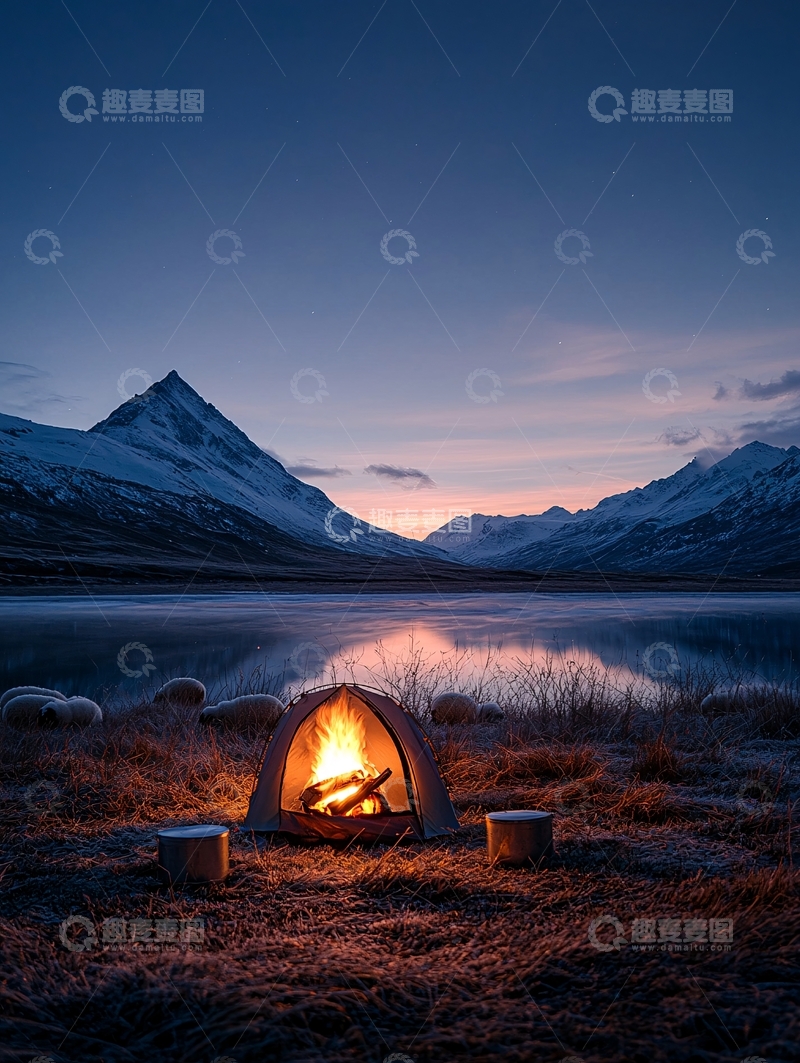 高清大图下载【趣麦麦图】宁静湖边露营的夜晚
