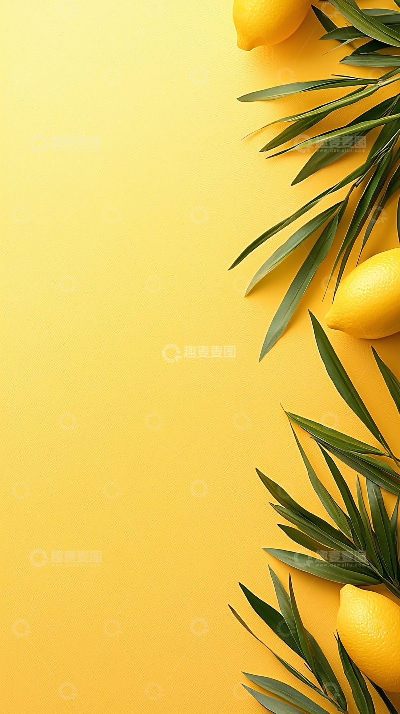 高清大图下载【趣麦麦图】柠檬与绿叶黄色背景素材