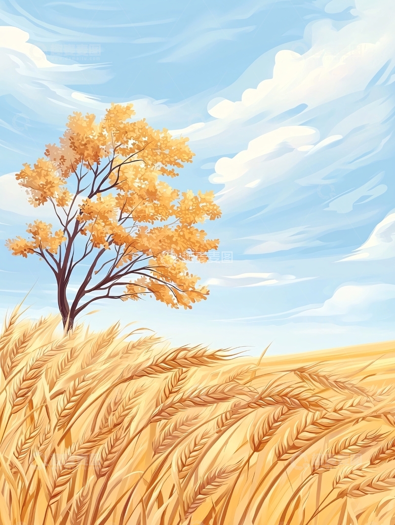 高清大图下载【趣麦麦图】秋日麦田与孤树