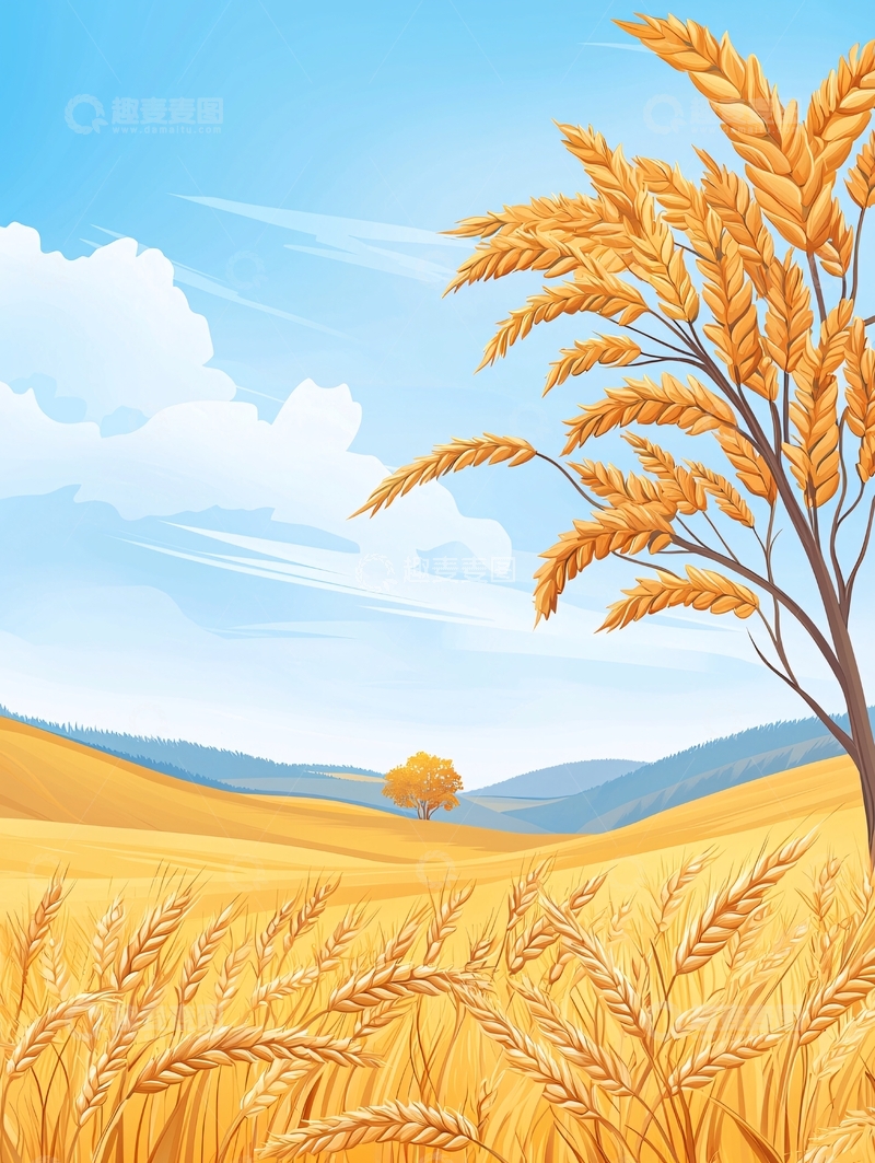 高清大图下载【趣麦麦图】金黄色麦田与蓝天白云