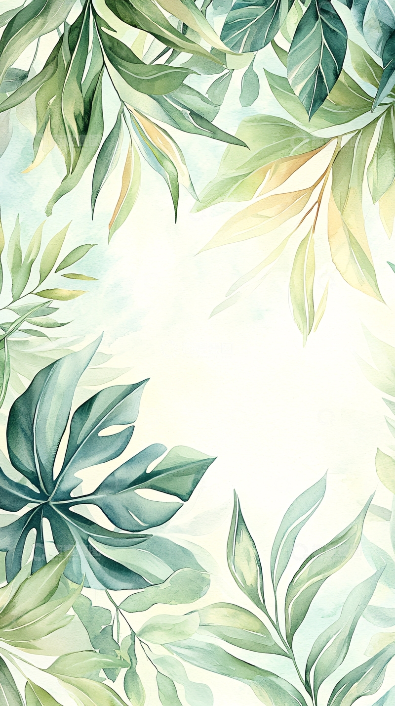 高清大图下载【趣麦麦图】热带植物水彩画背景图