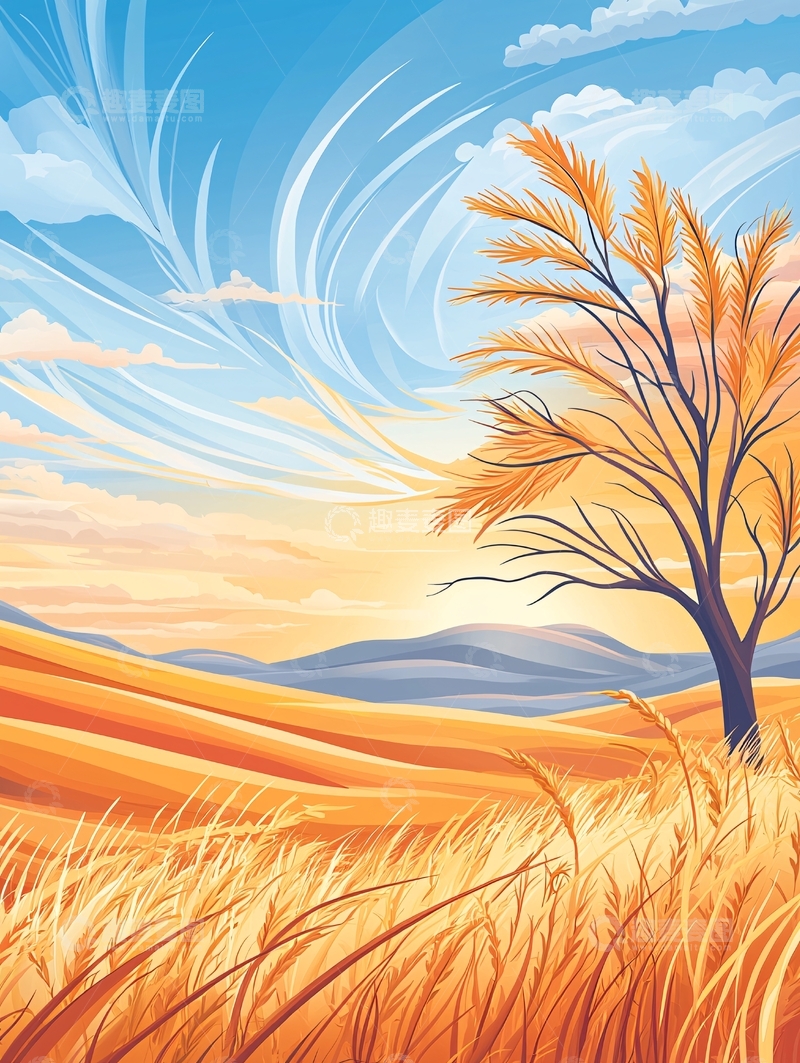 高清大图下载【趣麦麦图】秋日田野风景插画