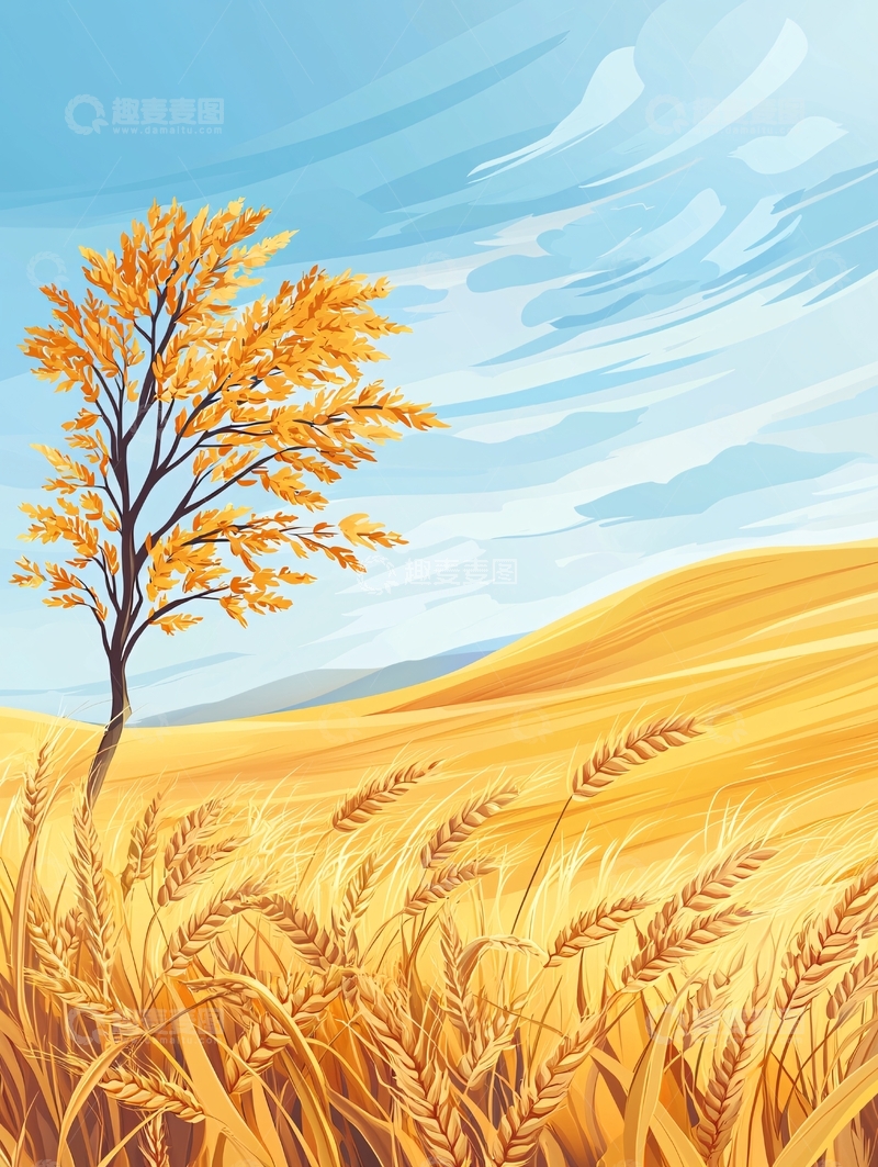 高清大图下载【趣麦麦图】秋日田野风景插画