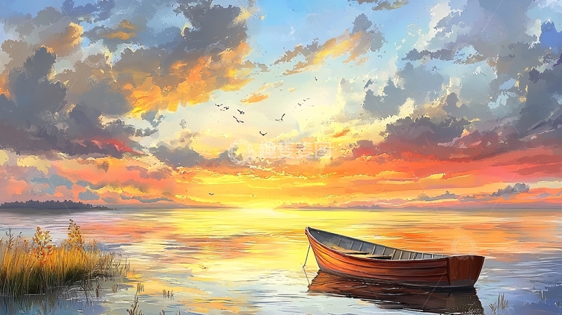 高清大图下载【趣麦麦图】宁静湖面小船日落