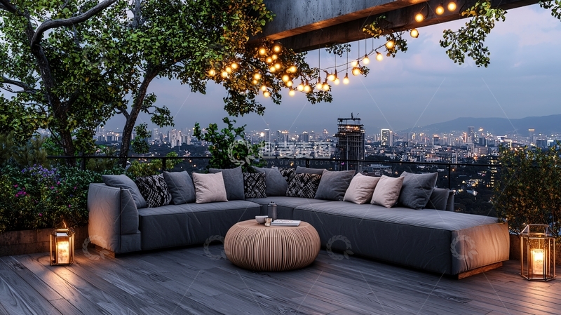 高清大图下载【趣麦麦图】城市夜景露台休闲沙发场景