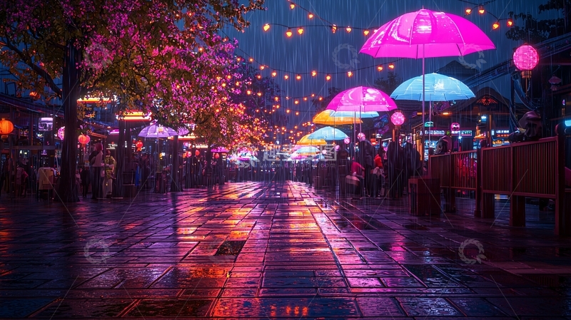 高清大图下载【趣麦麦图】灯光照亮的雨夜街道