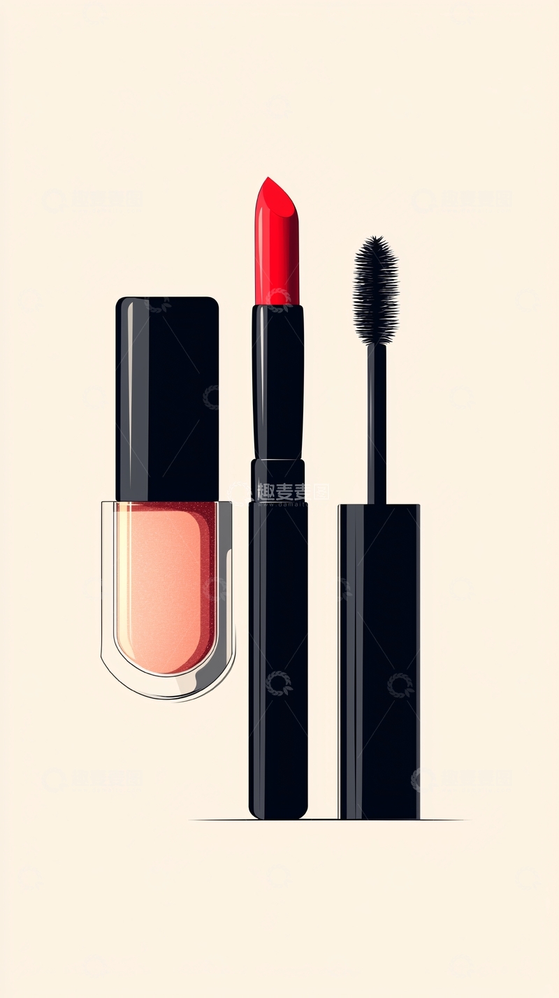 高清大图下载【趣麦麦图】唇膏睫毛膏指甲油组合插画