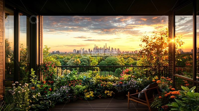 高清大图下载【趣麦麦图】城市日落阳台花园景色