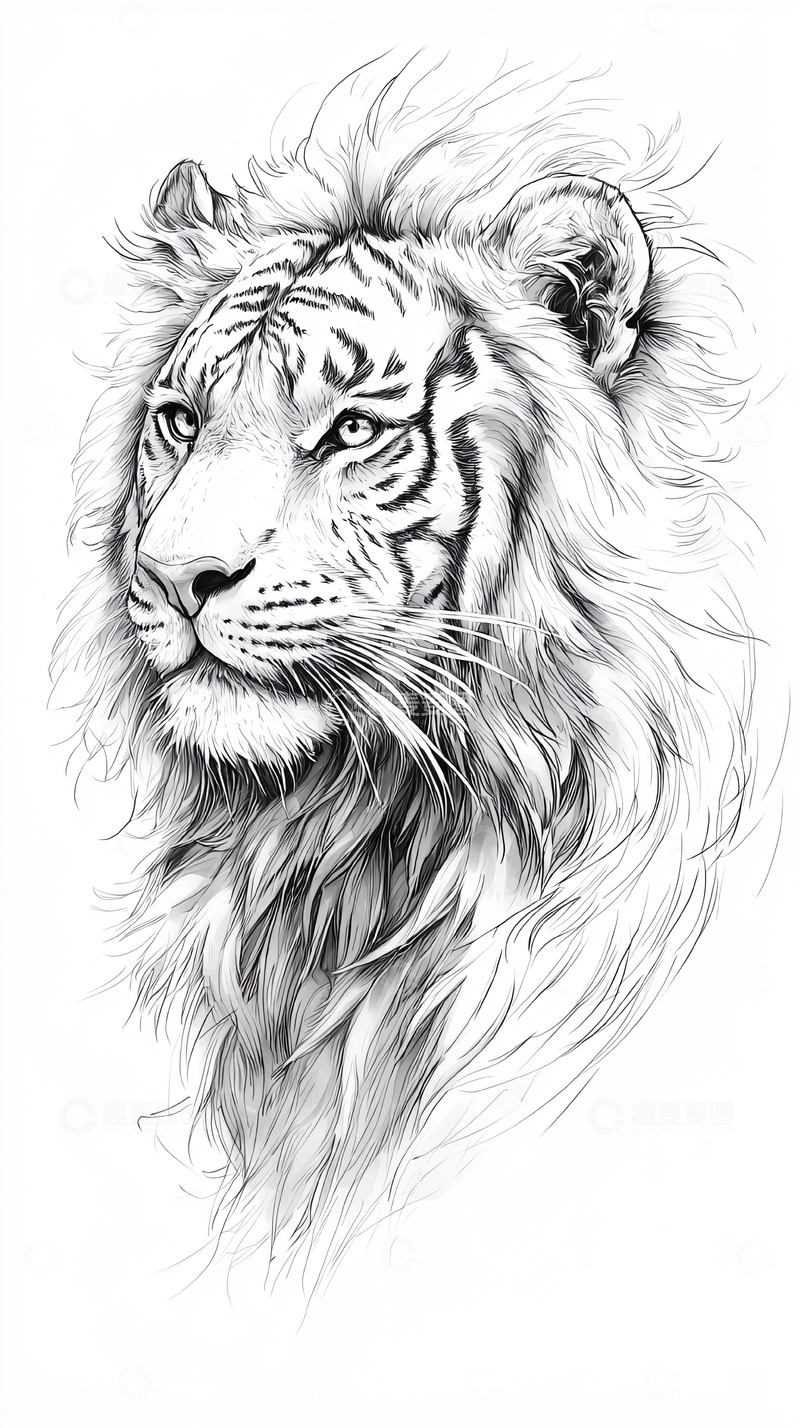 高清大图下载【趣麦麦图】雄狮头像手绘素描图