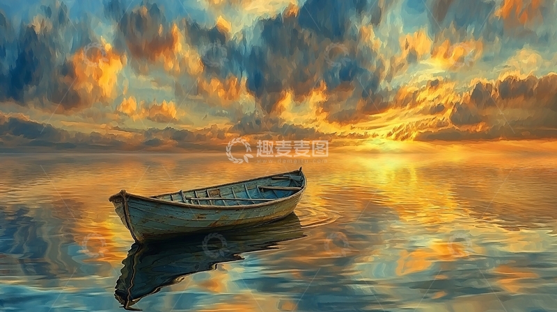 高清大图下载【趣麦麦图】宁静湖面小船日落晚霞