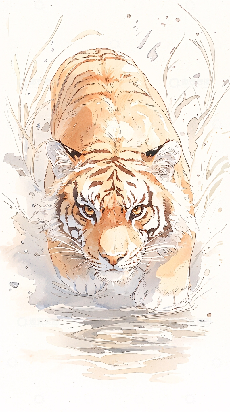 高清大图下载【趣麦麦图】水中虎头插画艺术图