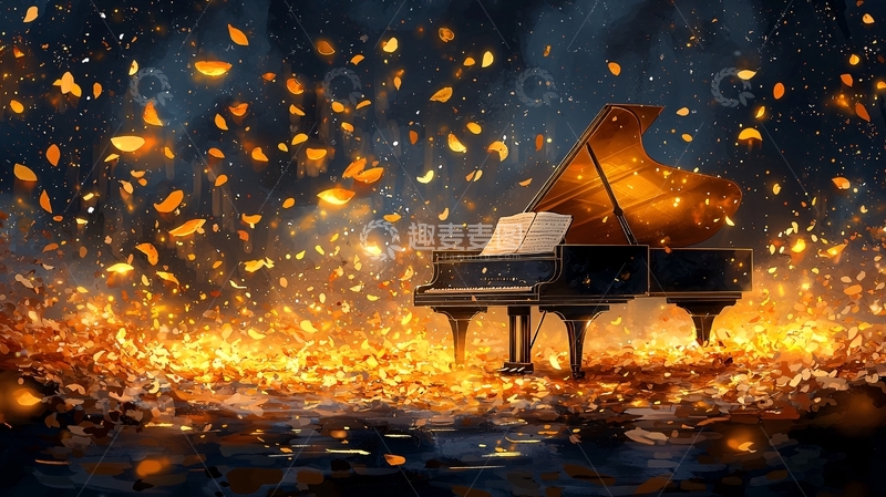 高清大图下载【趣麦麦图】秋夜钢琴落叶飘舞