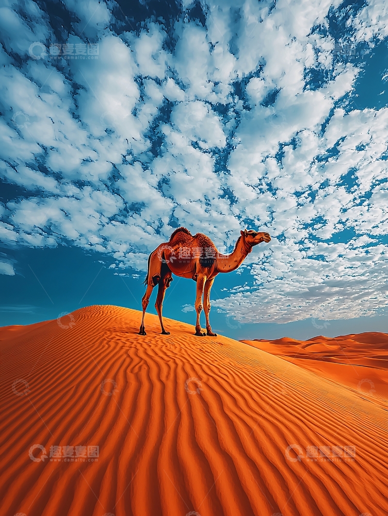 高清大图下载【趣麦麦图】单峰骆驼与沙漠蓝天白云