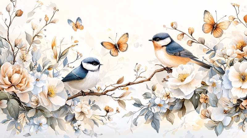 高清大图下载【趣麦麦图】鸟和蝴蝶在花丛中