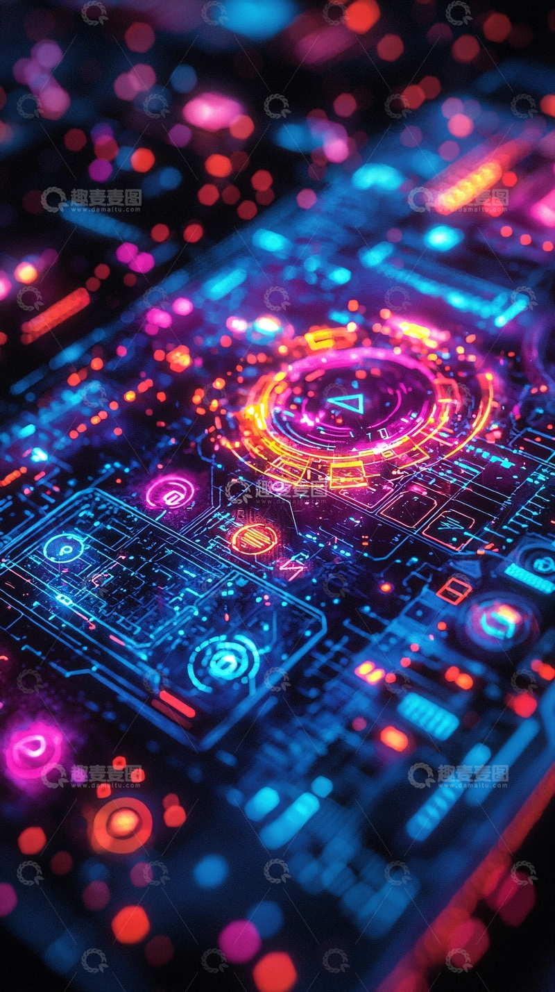 高清大图下载【趣麦麦图】未来科技电路板霓虹灯效果