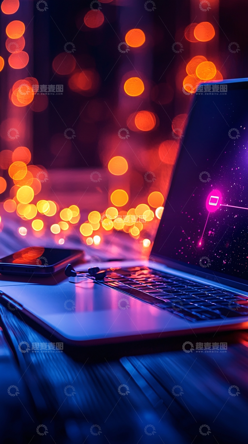 高清大图下载【趣麦麦图】-霓虹灯下的笔记本电脑与手机