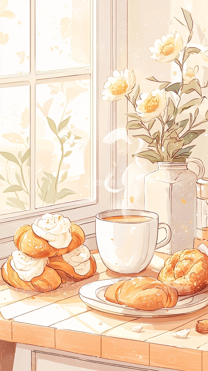 高清大图下载【趣麦麦图】温暖阳光下的咖啡与面包