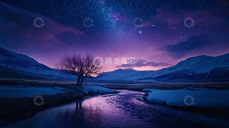 高清大图下载【趣麦麦图】夜晚星空下的河流与孤树