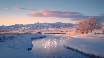 冬日雪景河流山峦