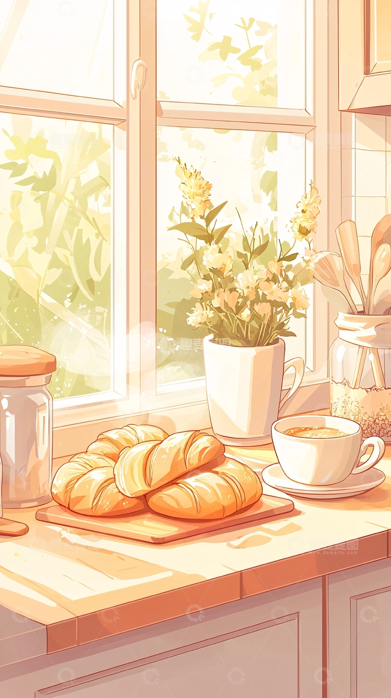 高清大图下载【趣麦麦图】阳光明媚的厨房早餐场景