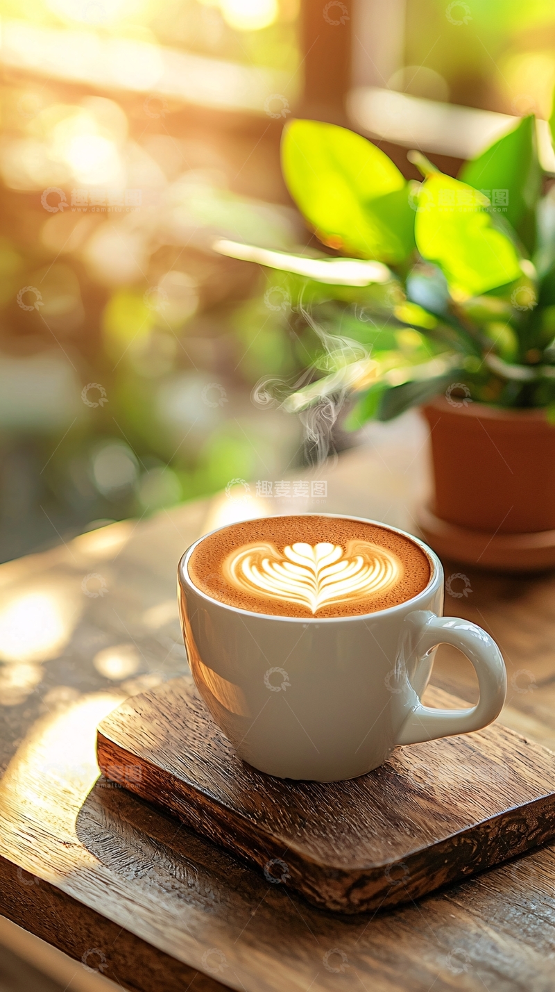 高清大图下载【趣麦麦图】咖啡杯上的拿铁艺术与阳光