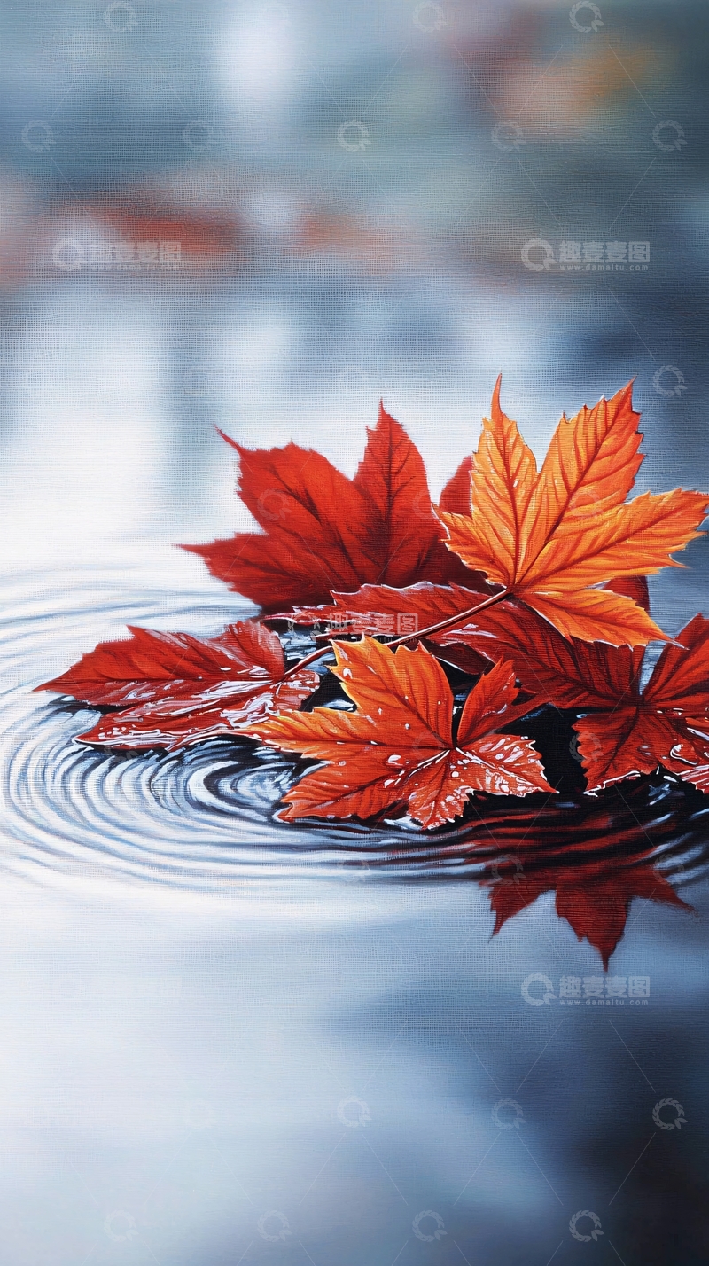 高清大图下载【趣麦麦图】秋叶漂浮在水面上
