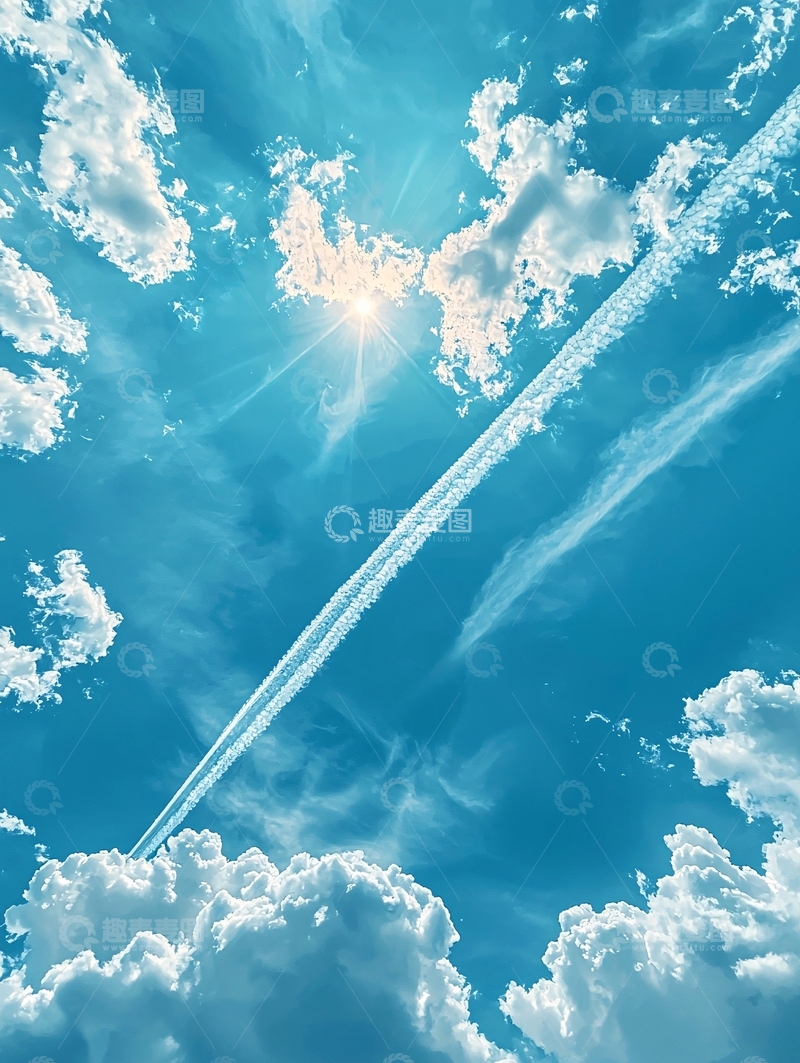 高清大图下载【趣麦麦图】晴朗天空飞机拉线云朵阳光