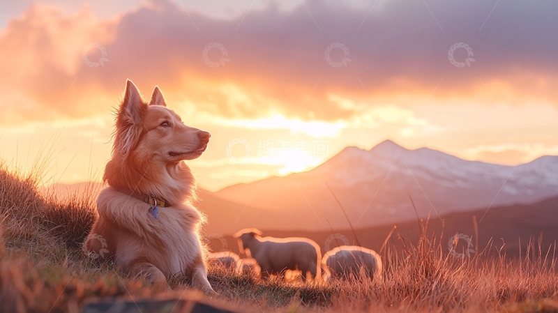 高清大图下载【趣麦麦图】夕阳下狗和羊群的剪影