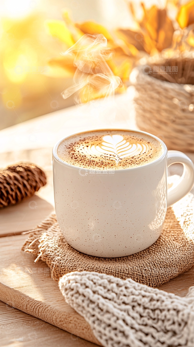 高清大图下载【趣麦麦图】温暖阳光下的拿铁咖啡