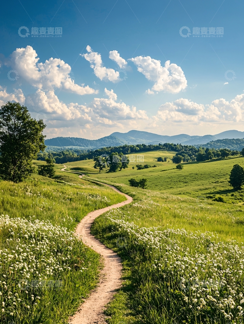 高清大图下载【趣麦麦图】绿色田野上的蜿蜒小路