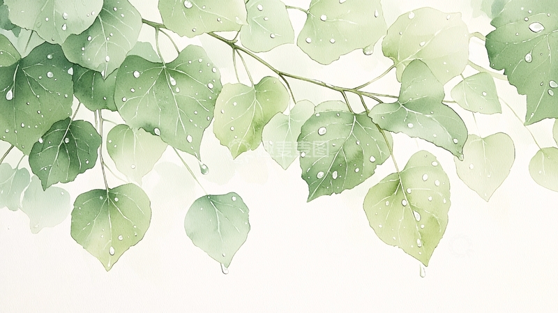 高清大图下载【趣麦麦图】清新雨后绿叶水彩画