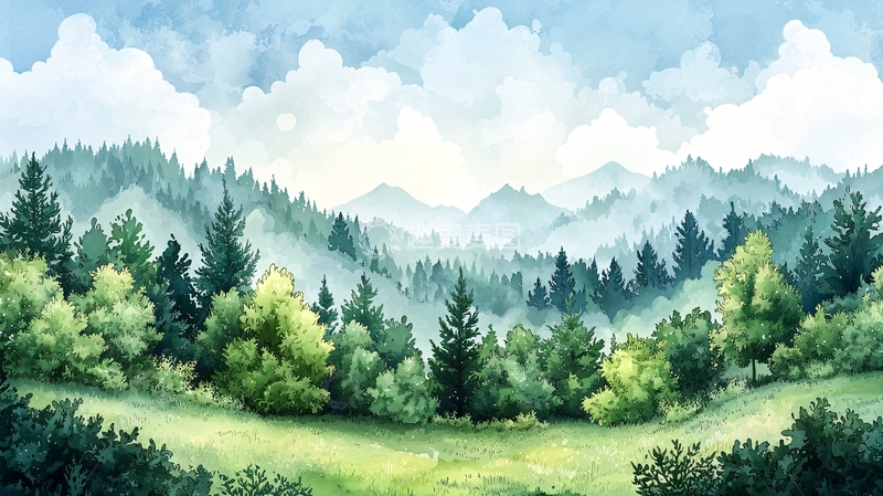 高清大图下载【趣麦麦图】水彩风格的森林山景