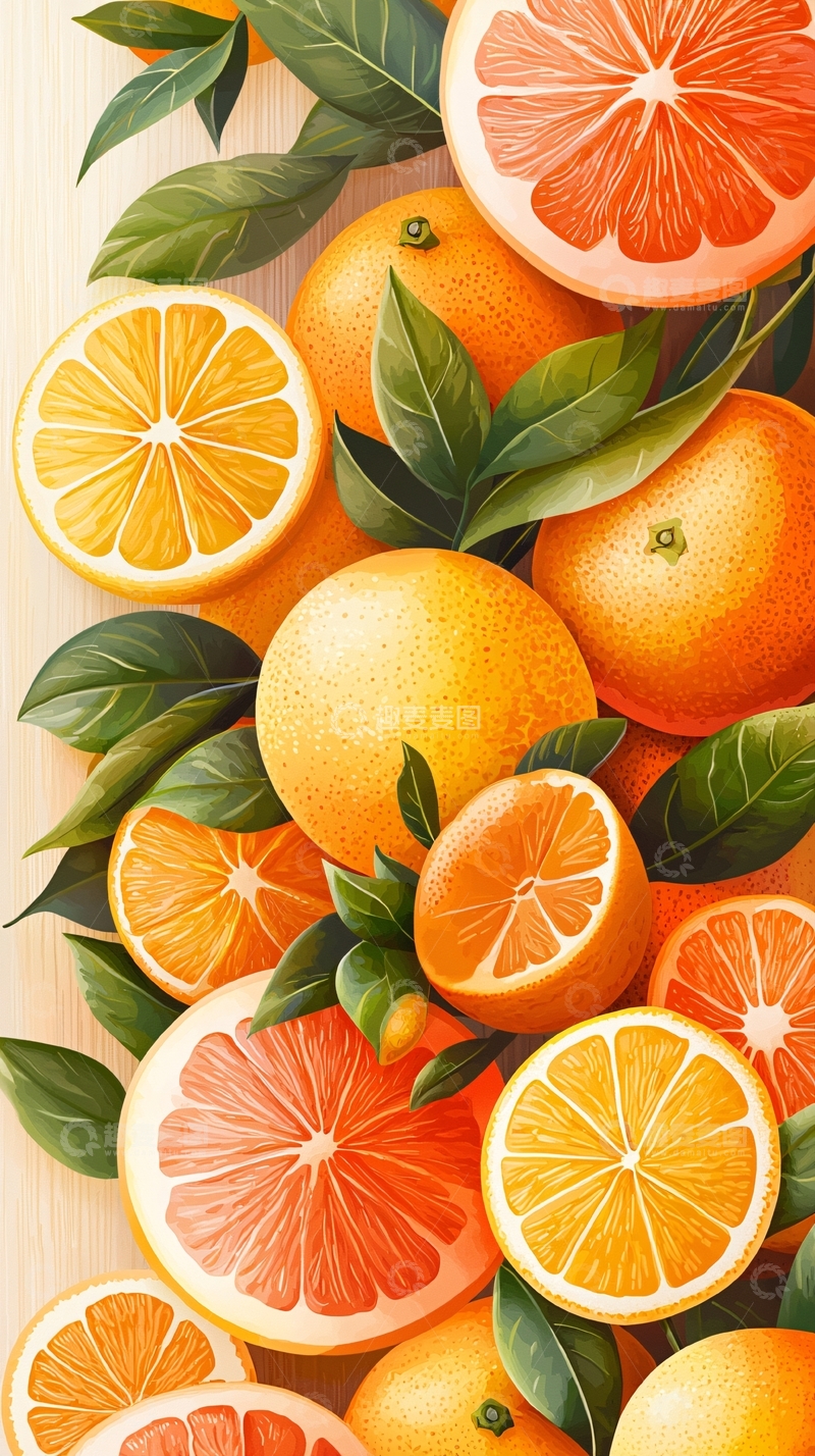 高清大图下载【趣麦麦图】橙子切片与绿叶背景图