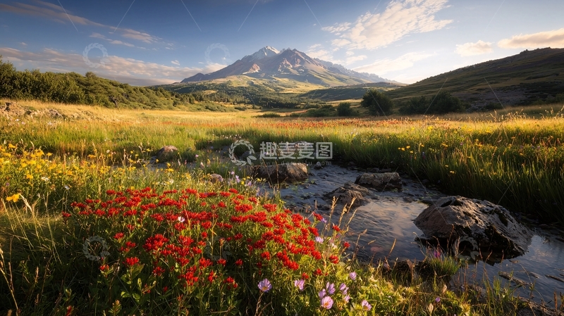 高清大图下载【趣麦麦图】山间溪流与野花美景