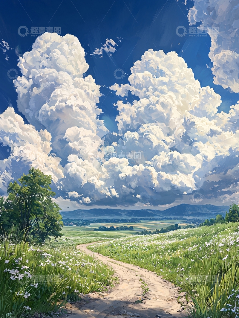 高清大图下载【趣麦麦图】蓝天白云下的乡村小路