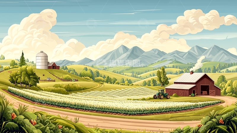 高清大图下载【趣麦麦图】田园风光与山景插画