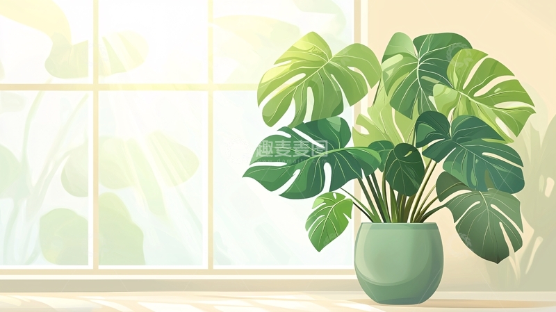 高清大图下载【趣麦麦图】窗边绿植清新插画