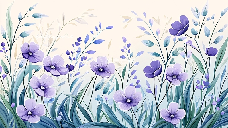 高清大图下载【趣麦麦图】紫色花朵与绿色叶子插画背景