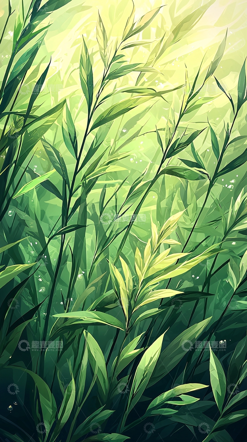 高清大图下载【趣麦麦图】翠绿植物背景插画