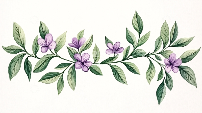 高清大图下载【趣麦麦图】紫色花朵绿叶手绘插画