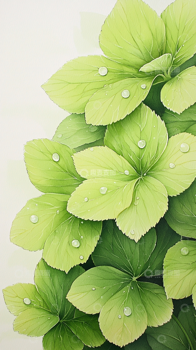 高清大图下载【趣麦麦图】清新雨滴点缀绿叶背景