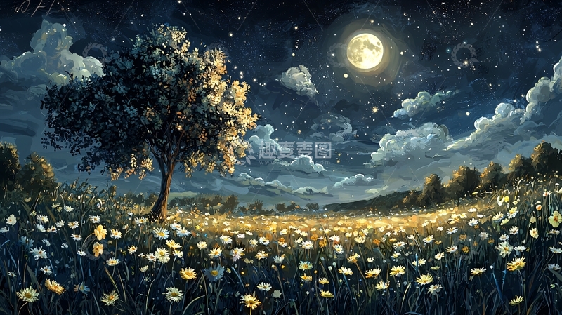 高清大图下载【趣麦麦图】月光下的田野与繁星