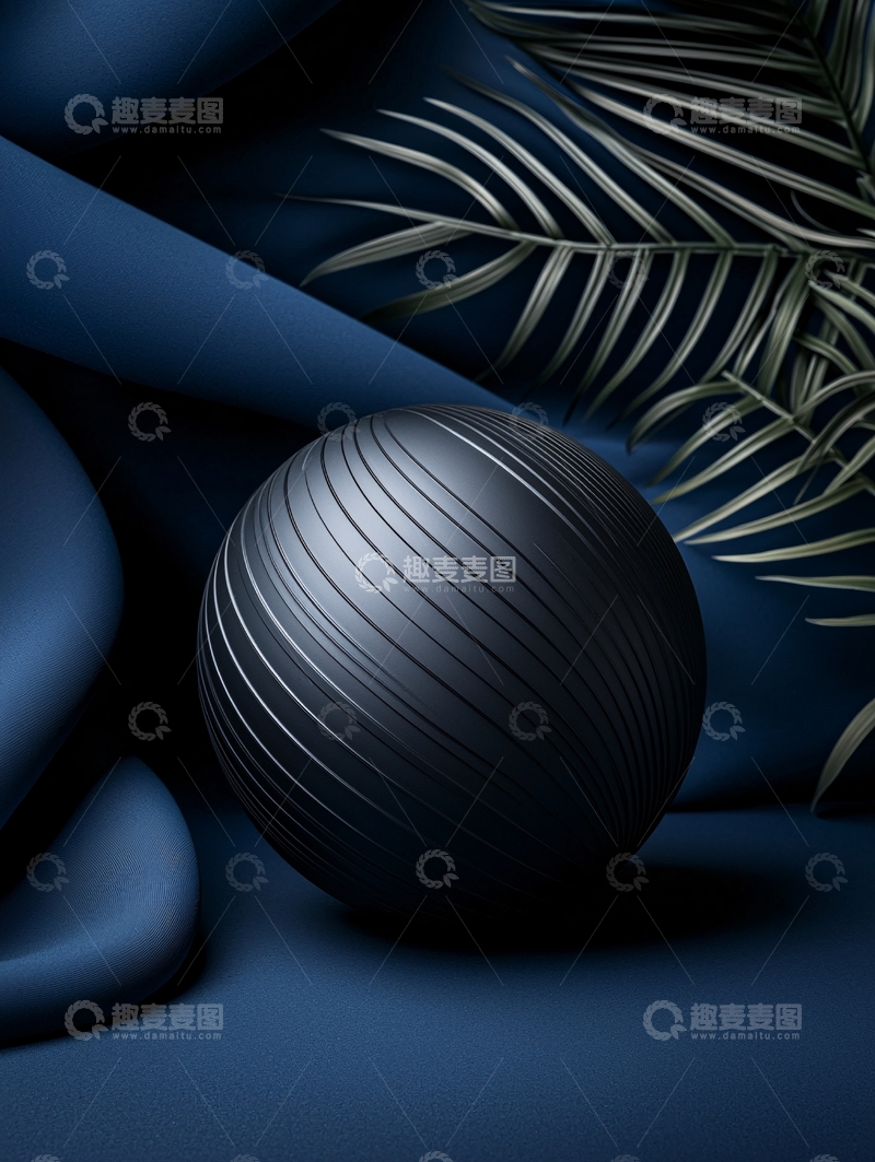 高清大图下载【趣麦麦图】深蓝背景下的立体球体与植物